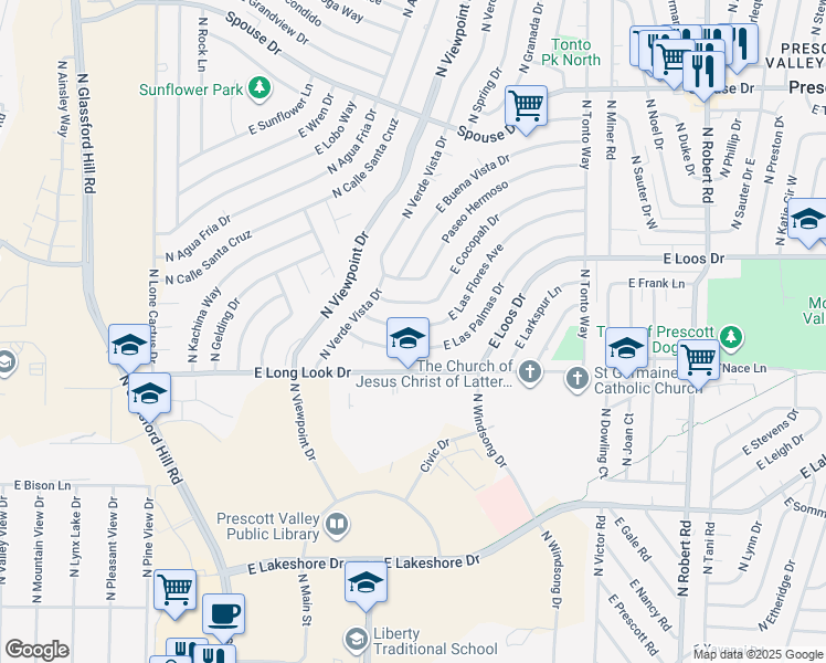 map of restaurants, bars, coffee shops, grocery stores, and more near 7561 East Las Flores Avenue in Prescott Valley