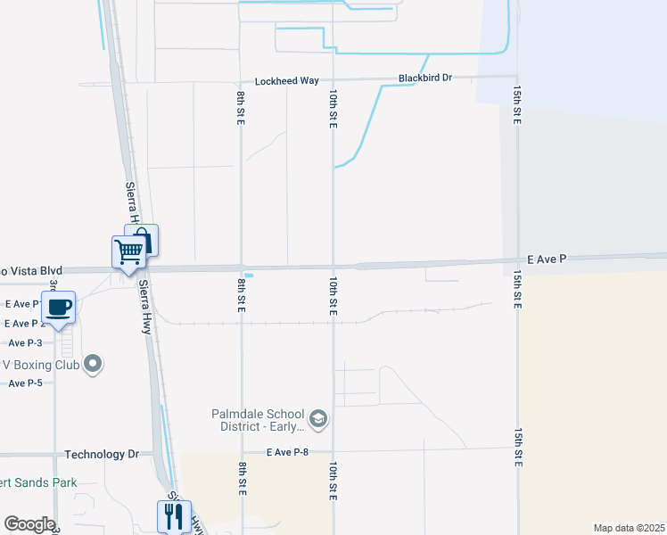 map of restaurants, bars, coffee shops, grocery stores, and more near 10th Street East in Palmdale