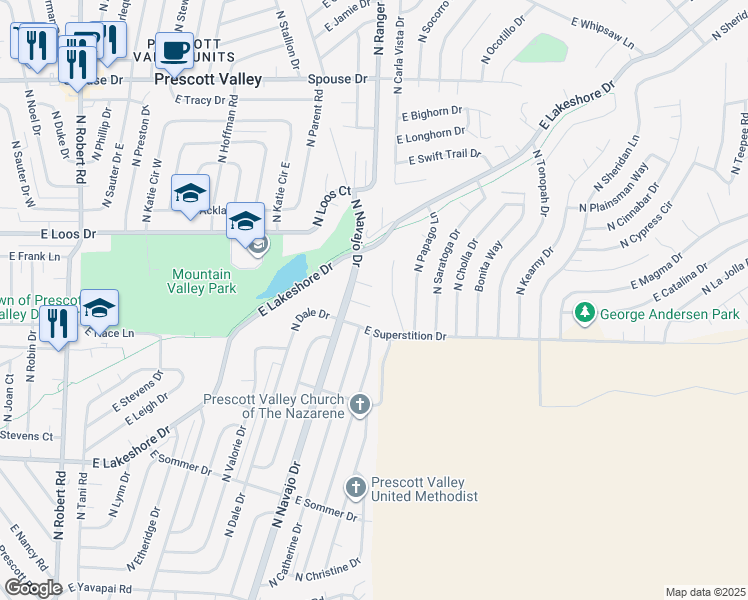 map of restaurants, bars, coffee shops, grocery stores, and more near 8960 East Navajo Court in Prescott Valley