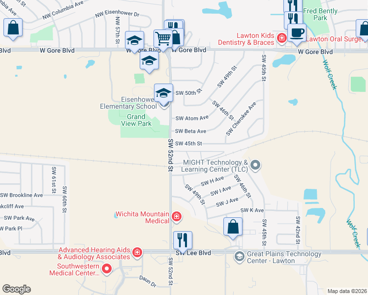 map of restaurants, bars, coffee shops, grocery stores, and more near 120 Southwest 45th Street in Lawton