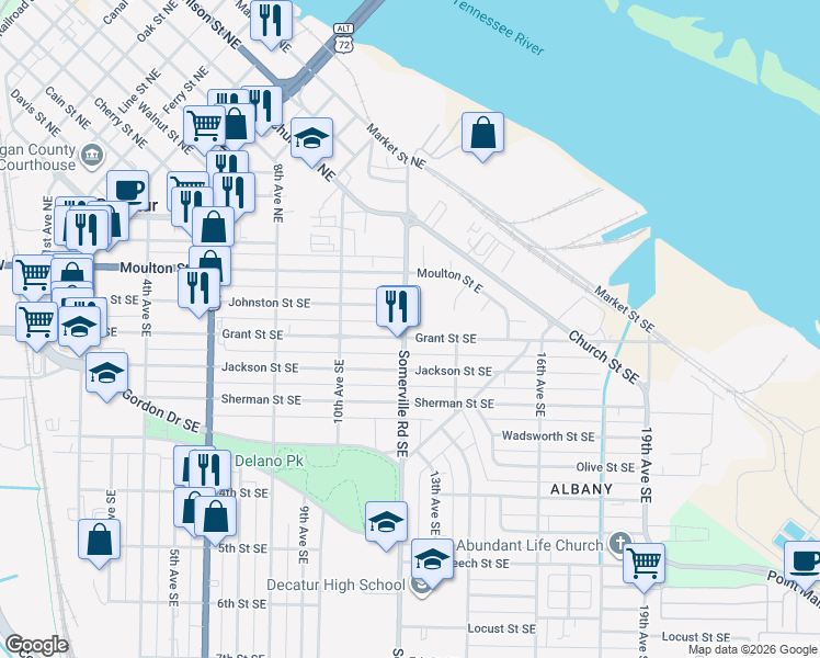map of restaurants, bars, coffee shops, grocery stores, and more near 1050 Grant Street Southeast in Decatur