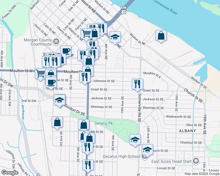 map of restaurants, bars, coffee shops, grocery stores, and more near 802 Grant Street Southeast in Decatur