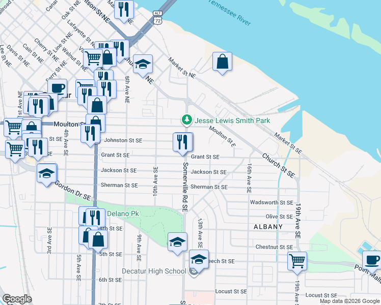 map of restaurants, bars, coffee shops, grocery stores, and more near 1210 Grant Street Southeast in Decatur