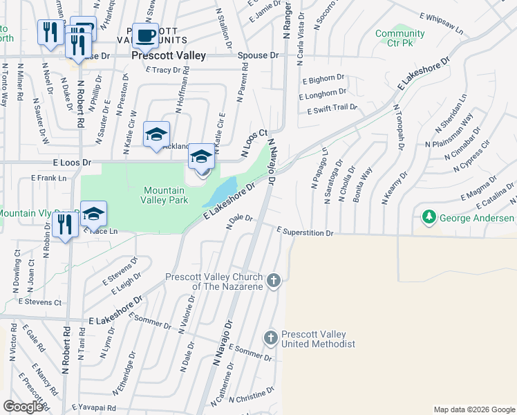map of restaurants, bars, coffee shops, grocery stores, and more near 4050 North Navajo Drive in Prescott Valley