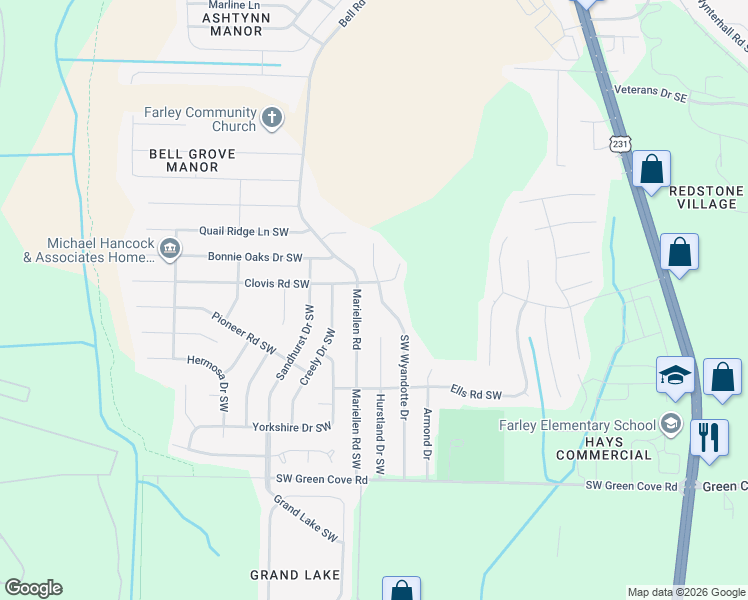 map of restaurants, bars, coffee shops, grocery stores, and more near 13902 Southwest Wyandotte Drive in Huntsville