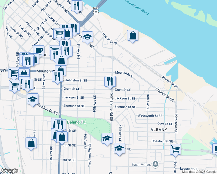 map of restaurants, bars, coffee shops, grocery stores, and more near 1050 Grant St SE in Decatur