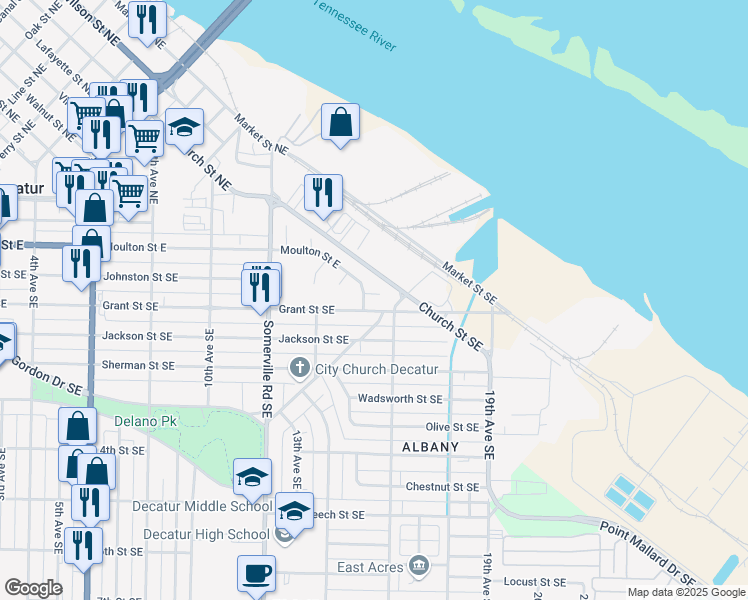 map of restaurants, bars, coffee shops, grocery stores, and more near 104 Ridgewood Court Southeast in Decatur