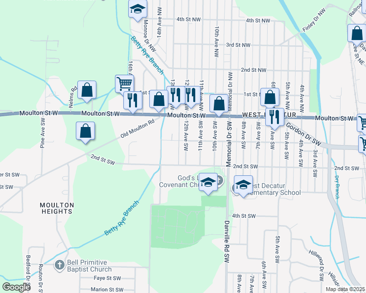 map of restaurants, bars, coffee shops, grocery stores, and more near 405 12th Avenue Southwest in Decatur