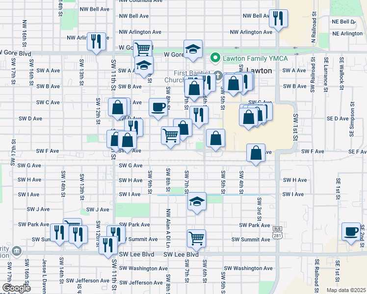 map of restaurants, bars, coffee shops, grocery stores, and more near 701 Southwest F Avenue in Lawton