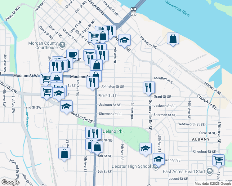 map of restaurants, bars, coffee shops, grocery stores, and more near 802 Grant Street Southeast in Decatur