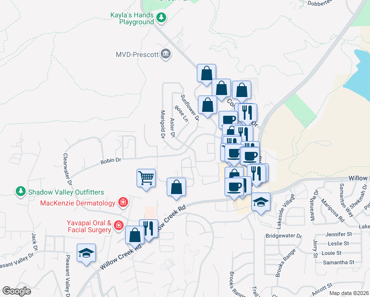 map of restaurants, bars, coffee shops, grocery stores, and more near 3200 Aster Drive in Prescott