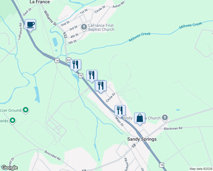 map of restaurants, bars, coffee shops, grocery stores, and more near 119 Veranda Circle in Pendleton