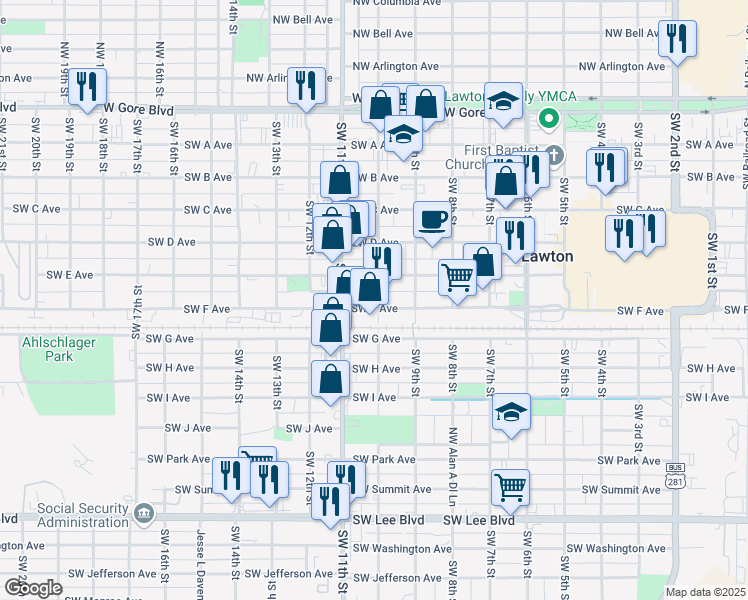 map of restaurants, bars, coffee shops, grocery stores, and more near 913 Southwest F Avenue in Lawton
