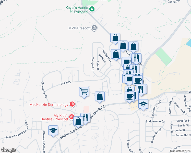 map of restaurants, bars, coffee shops, grocery stores, and more near 3250 Marigold Drive in Prescott