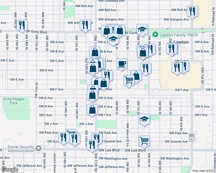 map of restaurants, bars, coffee shops, grocery stores, and more near 913 Southwest F Avenue in Lawton