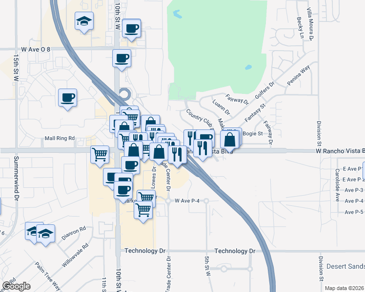 map of restaurants, bars, coffee shops, grocery stores, and more near 556 Callet Street in Palmdale