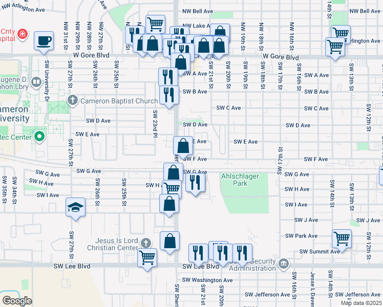 map of restaurants, bars, coffee shops, grocery stores, and more near 2201 Southwest F Avenue in Lawton