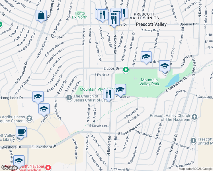 map of restaurants, bars, coffee shops, grocery stores, and more near 8200 East Bevey Circle in Prescott Valley
