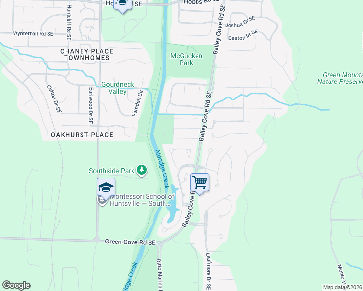 map of restaurants, bars, coffee shops, grocery stores, and more near 15029 Ashmont Circle Southeast in Huntsville
