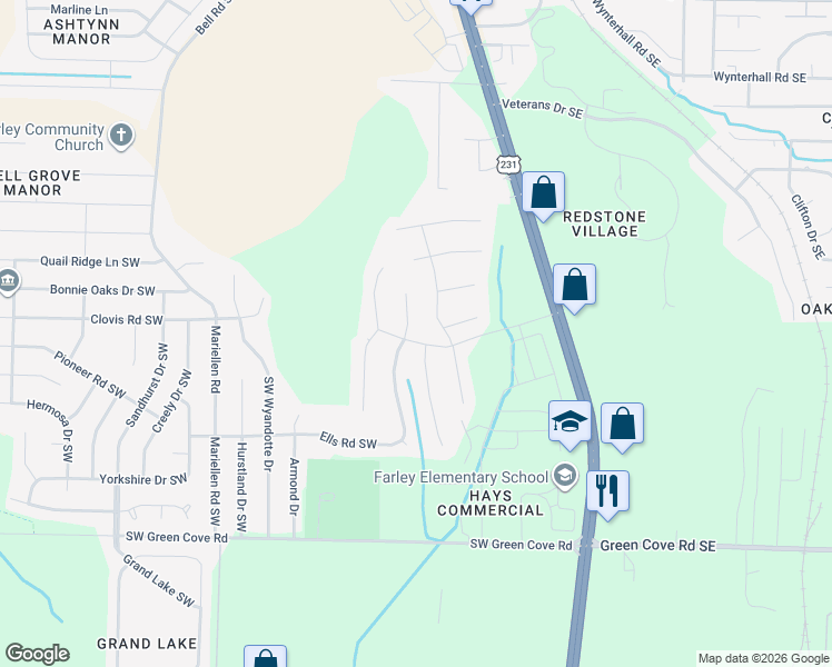 map of restaurants, bars, coffee shops, grocery stores, and more near 12610 Honey Rock Circle Southwest in Huntsville