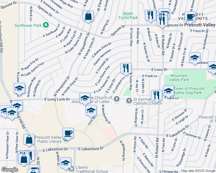 map of restaurants, bars, coffee shops, grocery stores, and more near 7760 East Loos Drive in Prescott Valley