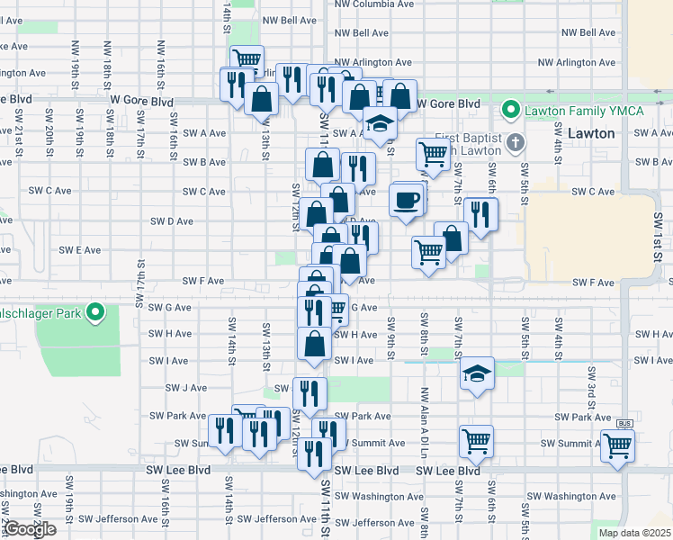 map of restaurants, bars, coffee shops, grocery stores, and more near 532 Southwest 11th Street in Lawton
