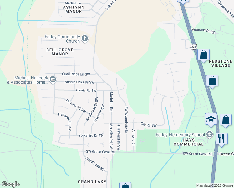 map of restaurants, bars, coffee shops, grocery stores, and more near 13902 Southwest Wyandotte Drive in Huntsville
