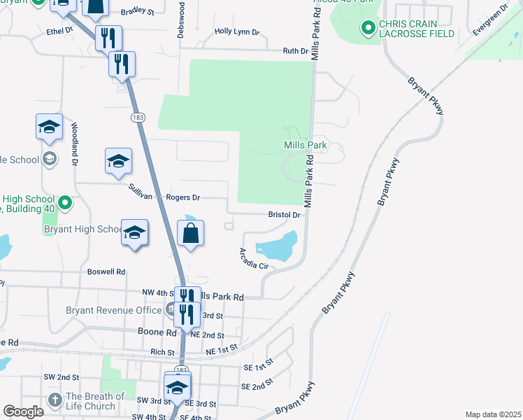 map of restaurants, bars, coffee shops, grocery stores, and more near 605 Bristol Drive in Bryant