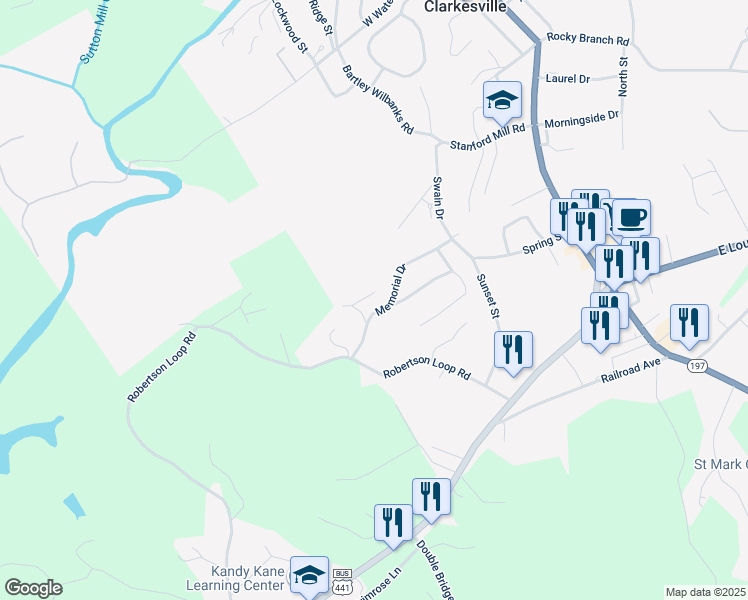 map of restaurants, bars, coffee shops, grocery stores, and more near 347 Memorial Drive in Clarkesville
