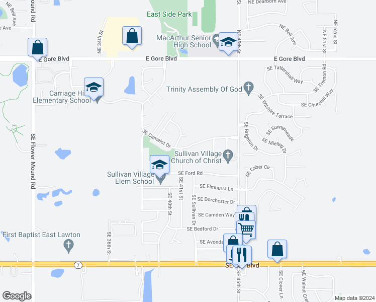 map of restaurants, bars, coffee shops, grocery stores, and more near 4201 Southeast Camelot Drive in Lawton