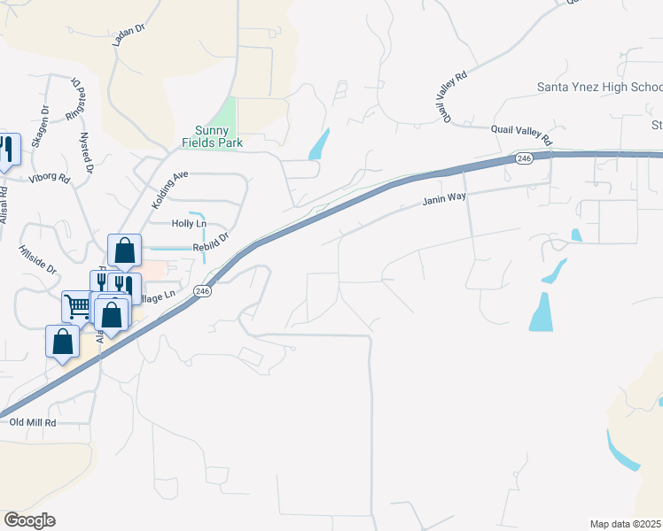 map of restaurants, bars, coffee shops, grocery stores, and more near 2366 Janin Way in Solvang