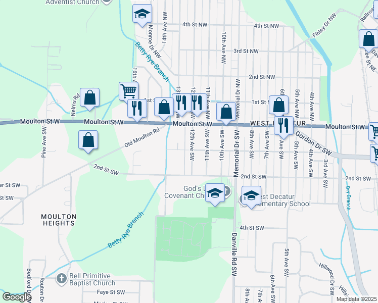 map of restaurants, bars, coffee shops, grocery stores, and more near 405 12th Avenue Southwest in Decatur