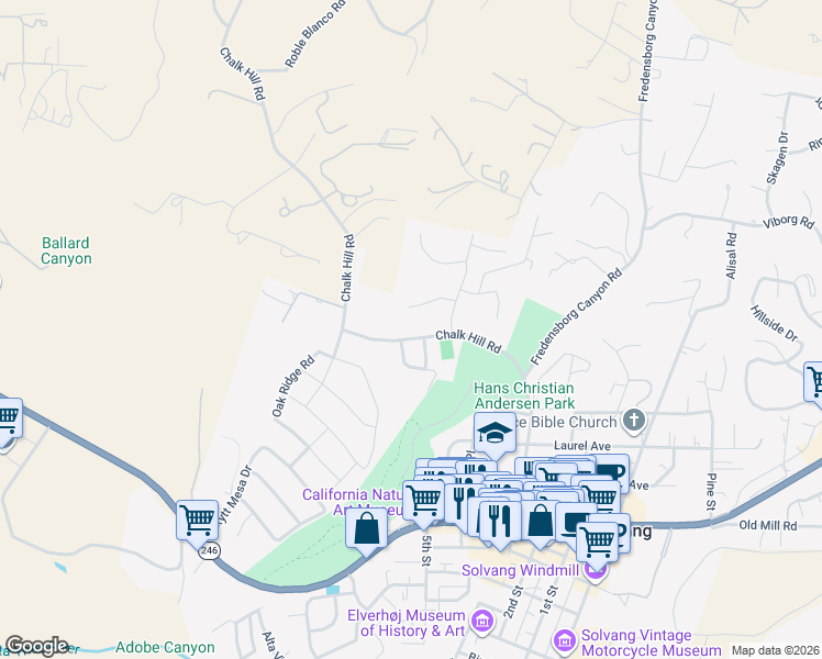 map of restaurants, bars, coffee shops, grocery stores, and more near 651 Chalk Hill Road in Solvang