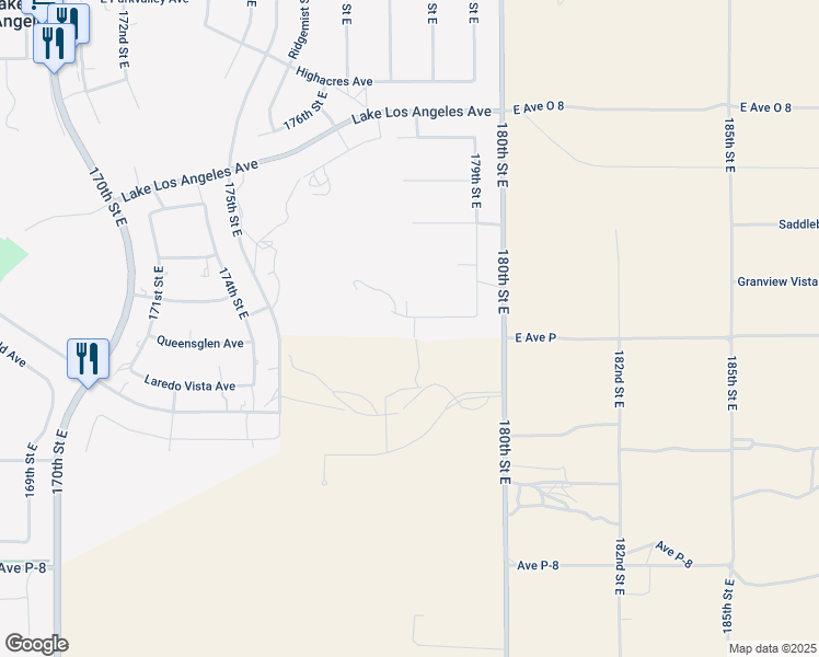 map of restaurants, bars, coffee shops, grocery stores, and more near 39605 178th Street East in Palmdale