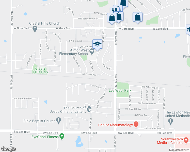 map of restaurants, bars, coffee shops, grocery stores, and more near 6916 Southwest Forest Avenue in Lawton