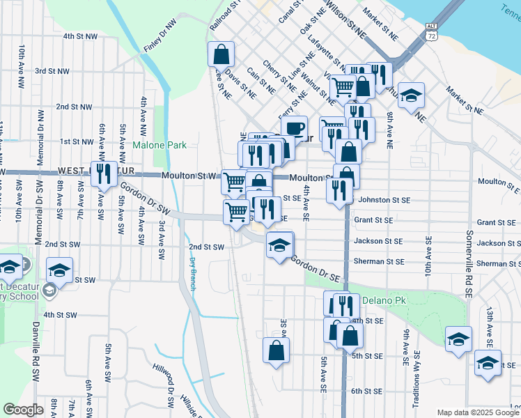 map of restaurants, bars, coffee shops, grocery stores, and more near 224 2nd Avenue Southeast in Decatur