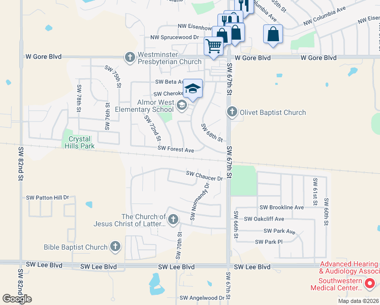map of restaurants, bars, coffee shops, grocery stores, and more near 6914 Southwest Forest Avenue in Lawton