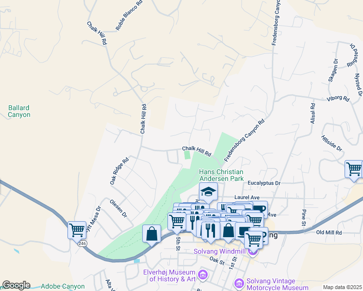 map of restaurants, bars, coffee shops, grocery stores, and more near 644 Chalk Hill Road in Solvang