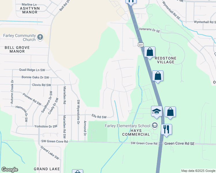 map of restaurants, bars, coffee shops, grocery stores, and more near 2098 Oak Dairy Lane Southwest in Huntsville