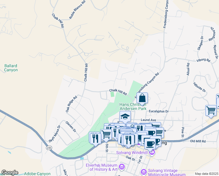 map of restaurants, bars, coffee shops, grocery stores, and more near 644 Chalk Hill Road in Solvang