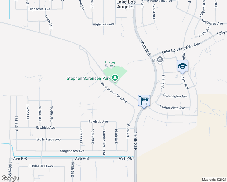 map of restaurants, bars, coffee shops, grocery stores, and more near 16727 Mackennas Gold Avenue in Palmdale