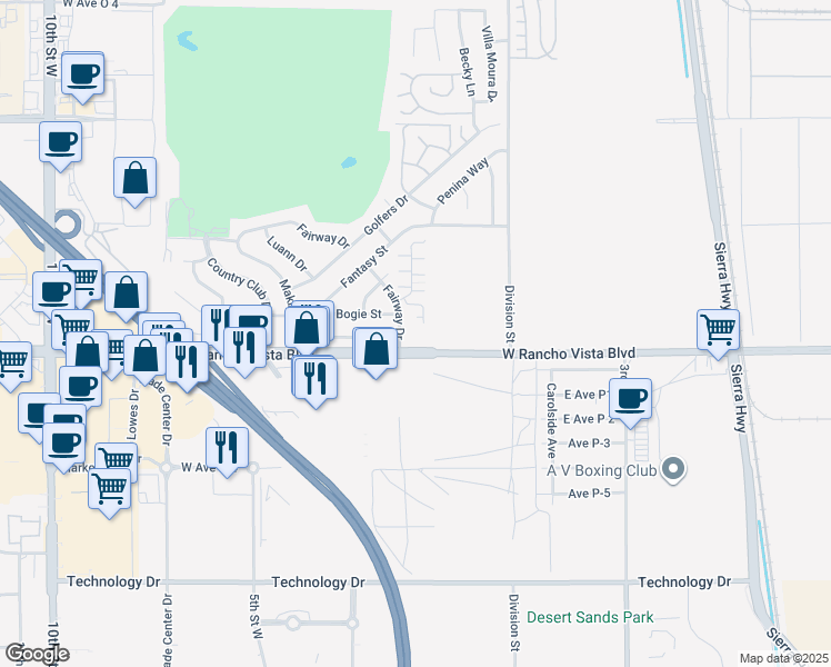 map of restaurants, bars, coffee shops, grocery stores, and more near 39630 Fairway Drive in Palmdale
