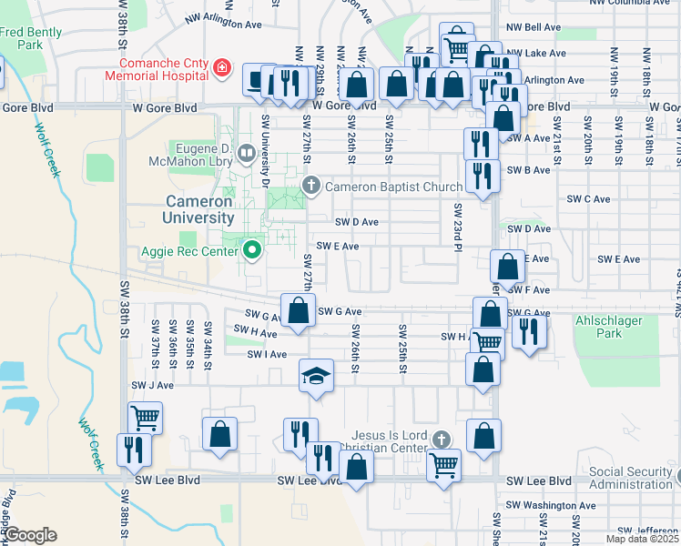 map of restaurants, bars, coffee shops, grocery stores, and more near 613 Southwest 26th Street in Lawton