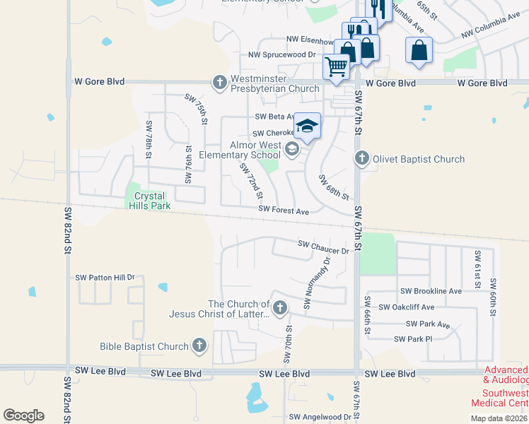 map of restaurants, bars, coffee shops, grocery stores, and more near 6944 Southwest Forest Avenue in Lawton