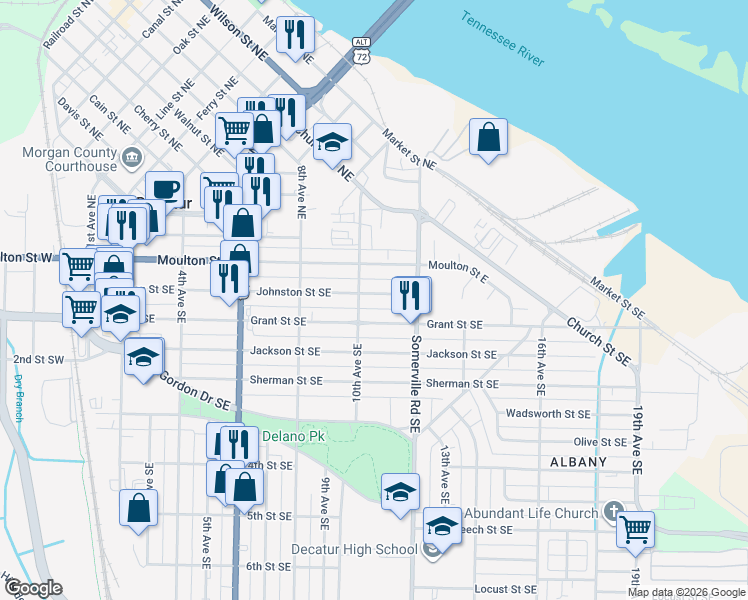 map of restaurants, bars, coffee shops, grocery stores, and more near 1004 Grant Street Southeast in Decatur