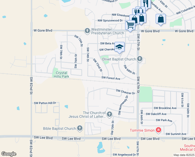 map of restaurants, bars, coffee shops, grocery stores, and more near 6948 Southwest Forest Avenue in Lawton