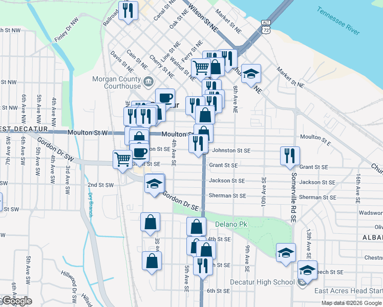 map of restaurants, bars, coffee shops, grocery stores, and more near 410 Grant Street Southeast in Decatur