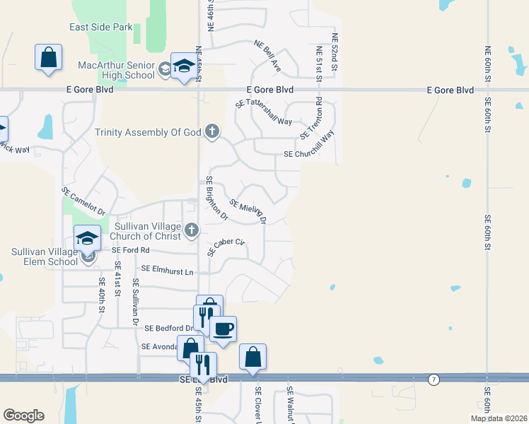 map of restaurants, bars, coffee shops, grocery stores, and more near 601 Southeast Mieling Drive in Lawton