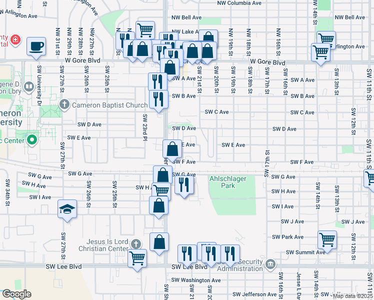 map of restaurants, bars, coffee shops, grocery stores, and more near 2201 Southwest F Avenue in Lawton