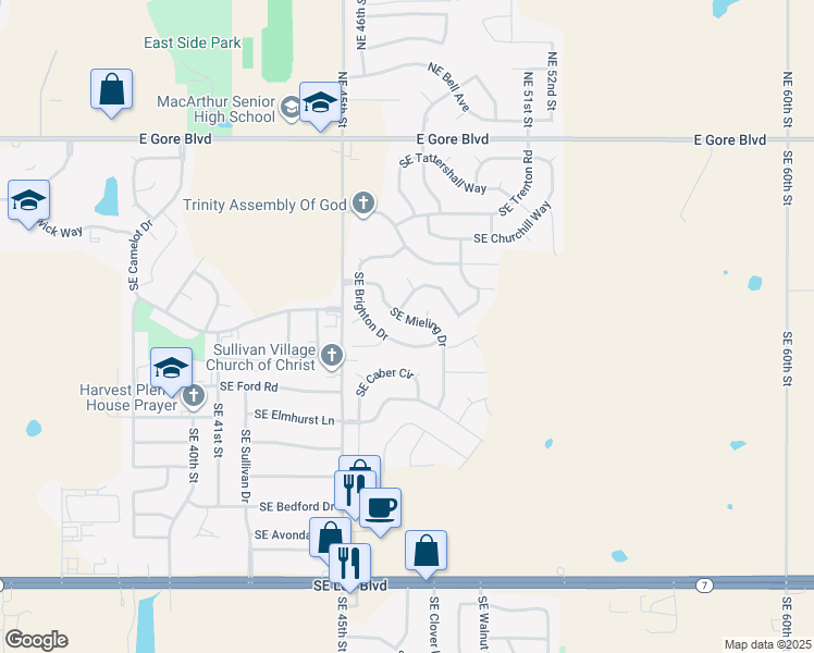 map of restaurants, bars, coffee shops, grocery stores, and more near 4653 Southeast Brighton Drive in Lawton